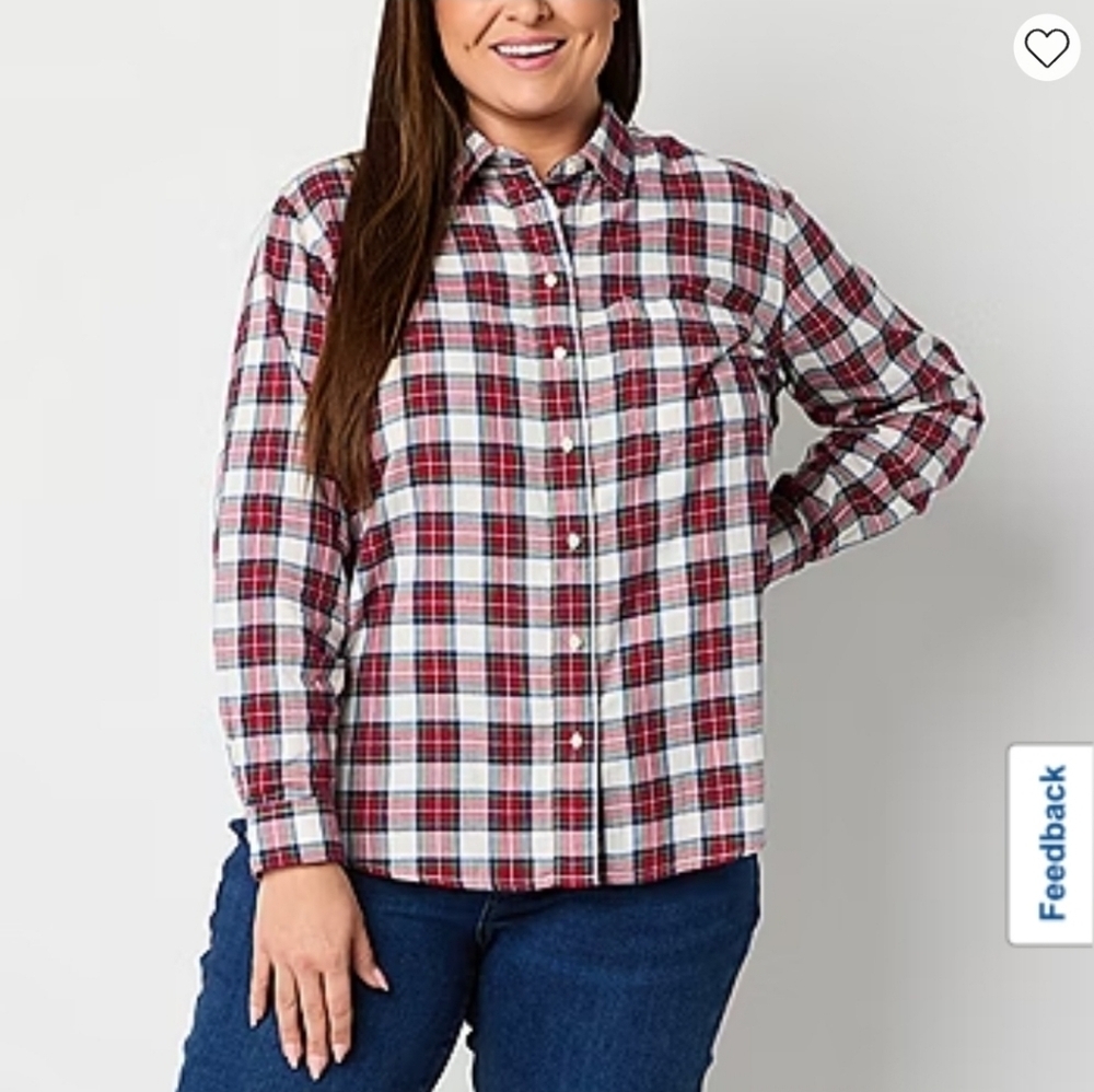 NWT St. John's Bay Red White Plaid Womens Long Sleeve Shirt XL XLP